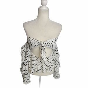 SEEK THE LABEL white polka‎ dot retro ruffle sleeve cropped top blouse M